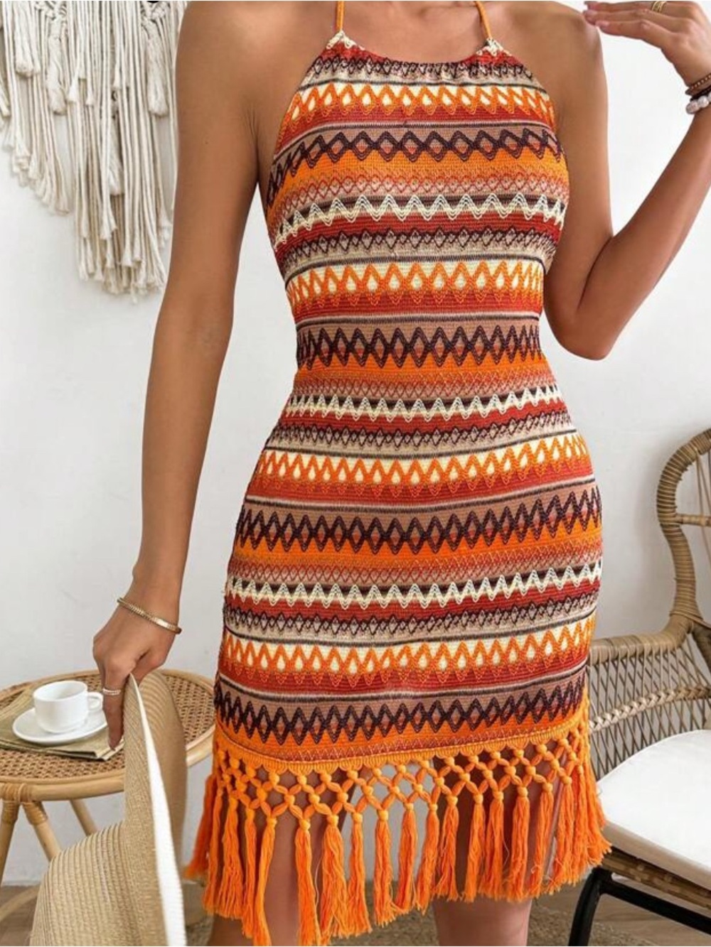 Orange Striped Crochet Halter Dress
